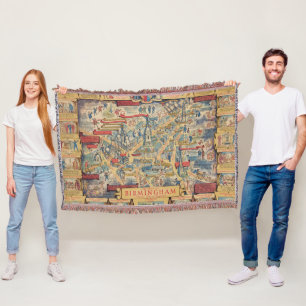 The Heart of Birmingham, England Map Throw Blanket