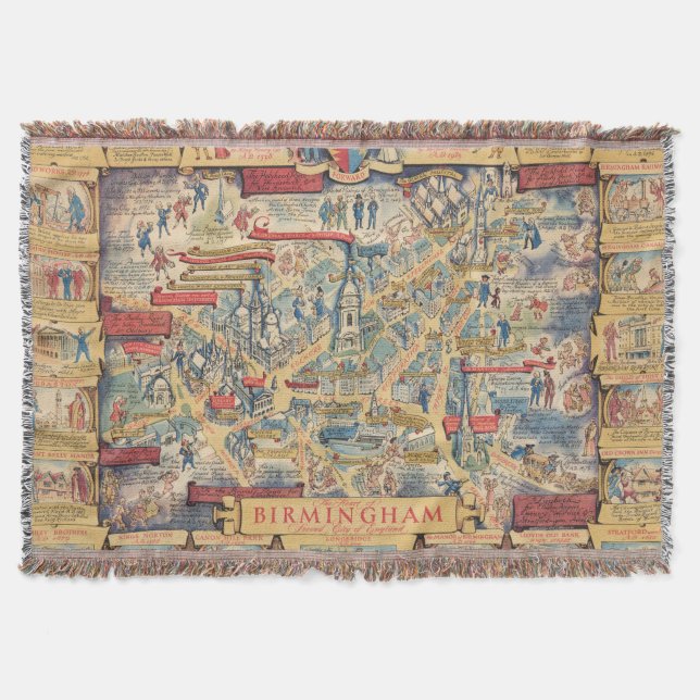 The Heart of Birmingham, England Map Throw Blanket (Front)