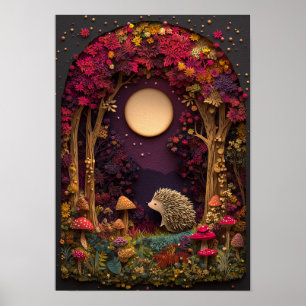 The Hedgehog Autumn Night Forest Cutout Art Poster