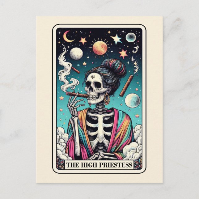 The High Priestess Tarot Art Smoking Skeleton Goth Postcard (Front)