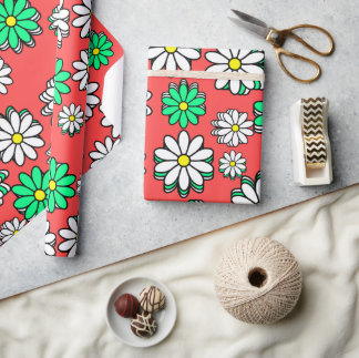 The Holiday Bloom: Festive Red & Green Daisy Cheer Wrapping Paper