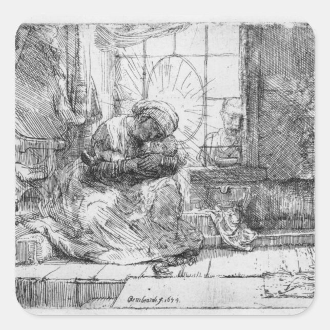 The Holy Family with a cat, 1654 Square Sticker (Front)
