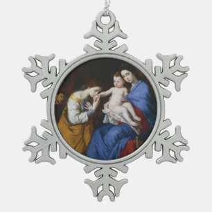 The Holy Family with Saints Anne and Catherine Snowflake Pewter Christmas Ornament