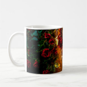 The human skull on the black table lies in the ros coffee mug