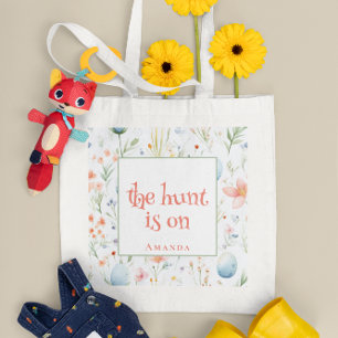 The Hunt Is On Custom Name Floral Easter Tote Bag