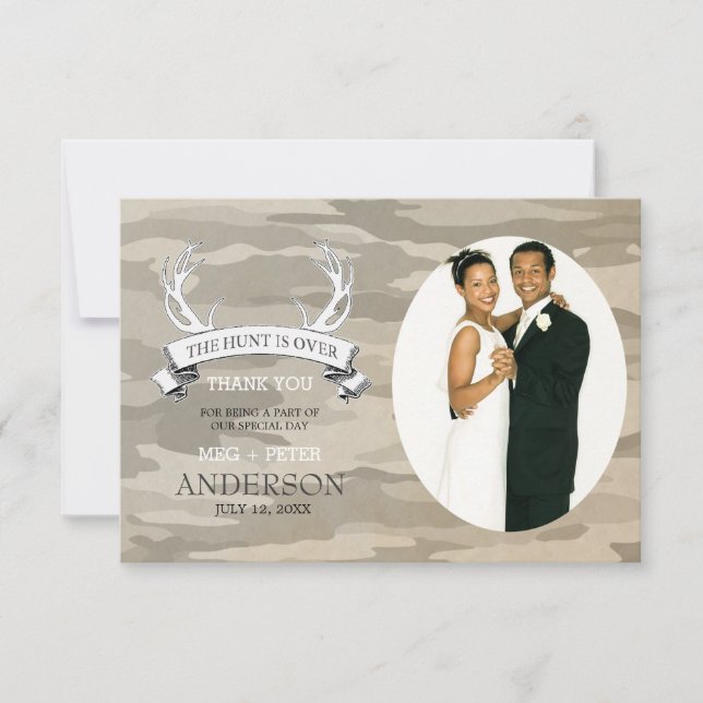"The Hunt is Over" Camo Wedding Photo Thank You (Front)