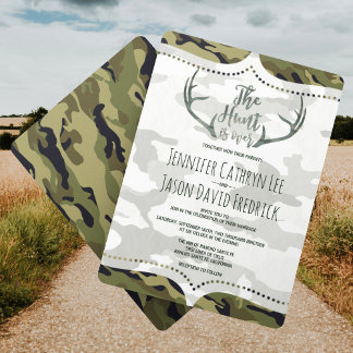 "The Hunt is Over" Rustic Antler Camo Wedding Invitation