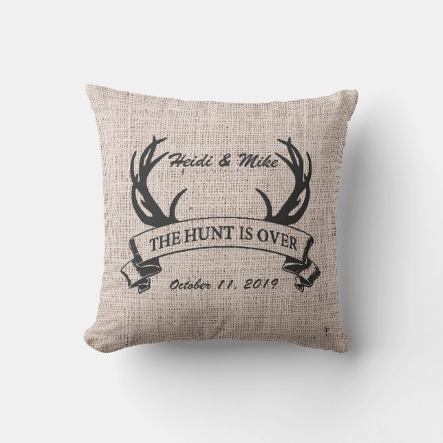 "The Hunt is Over" Rustic Antler Wedding Gift Cushion (Front)