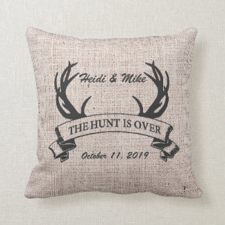 "The Hunt is Over" Rustic Antler Wedding Gift Cushion