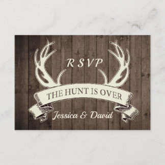 The Hunt is Over Rustic Barnwood Wedding RSVP Card