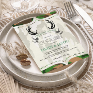 "The Hunt is Over" Rustic Camo Rehearsal Dinner Invitation