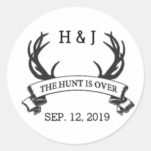 "The Hunt is Over" Rustic Custom Wedding Favours Classic Round Sticker