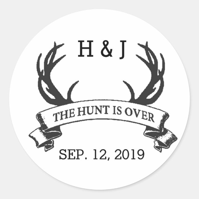 "The Hunt is Over" Rustic Custom Wedding Favours Classic Round Sticker (Front)