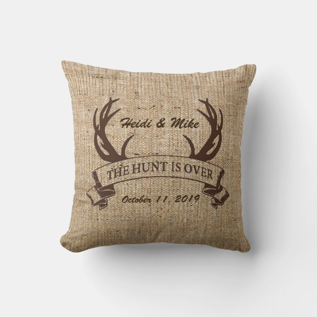 "The Hunt is Over" Rustic Faux Burlap Wedding Gift Cushion (Front)