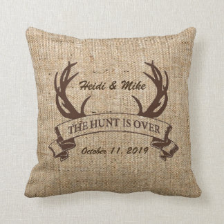 "The Hunt is Over" Rustic Faux Burlap Wedding Gift Cushion