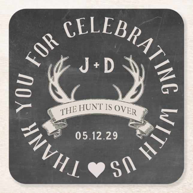 The Hunt is Over Wedding Favour Personalised Squar Square Paper Coaster (Front)
