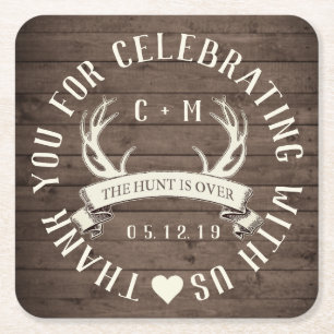 The Hunt is Over Wedding Favour Personalised Square Paper Coaster