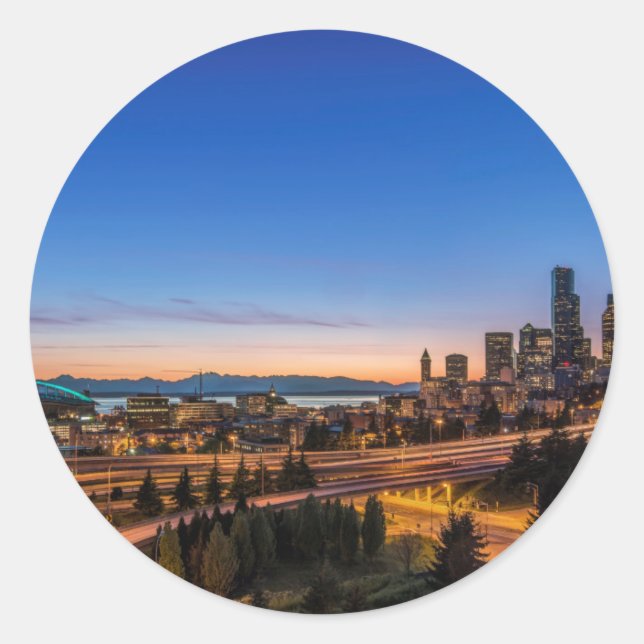 The I-5 freeway and downtown Seattle at twilight Classic Round Sticker (Front)