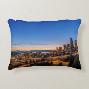 The I-5 freeway and downtown Seattle at twilight Decorative Cushion