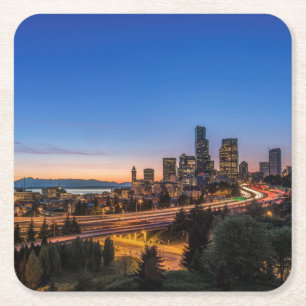 The I-5 freeway and downtown Seattle at twilight Square Paper Coaster