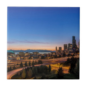 The I-5 freeway and downtown Seattle at twilight Tile