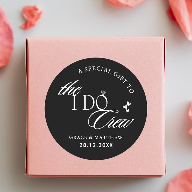 The I Do Crew Wedding Party Favour Black and White Classic Round Sticker (Creator Uploaded)