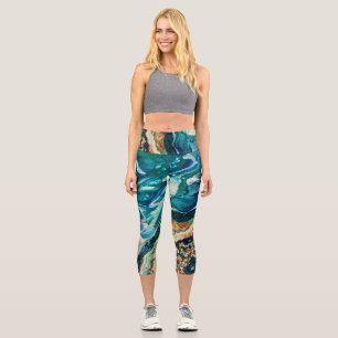 The Ice and The Fish abstract blue teal gold white Capri Leggings