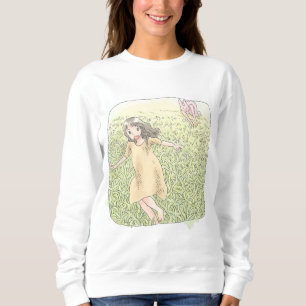 The illustration of a barefoot woman running after sweatshirt