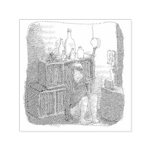 The illustration of a barefoot woman sitting by a self-inking stamp