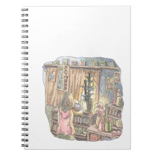 The illustration of a woman looking at a light obj notebook