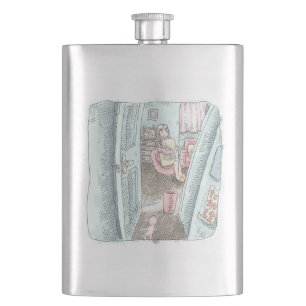 The illustration of a woman sitting behind a room hip flask