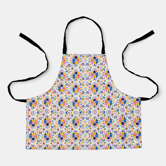 The image shows a colourful apron with a geometric (Front)
