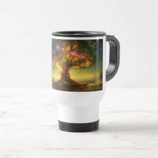 The image shows a vibrant and magical tree, glowin travel mug