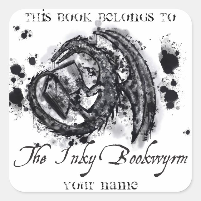 The Inky Bookwyrm Bookplate Square Sticker (Front)