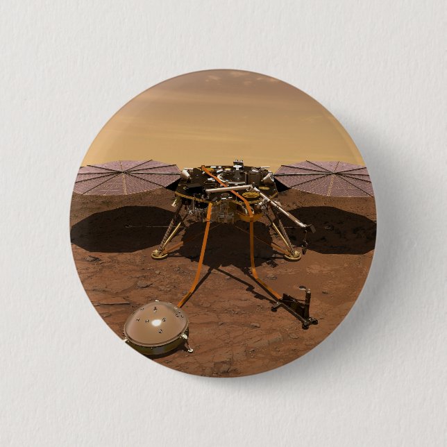 The Insight Lander Operating On Surface Of Mars. 6 Cm Round Badge (Front)