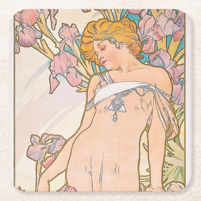 The Iris (1897) by Alphonse Mucha  Square Paper Coaster (Front)