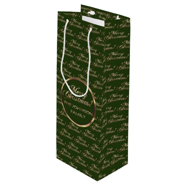 The Johnson Family Christmas Green Faux Gold Wine Gift Bag (Front Angled)