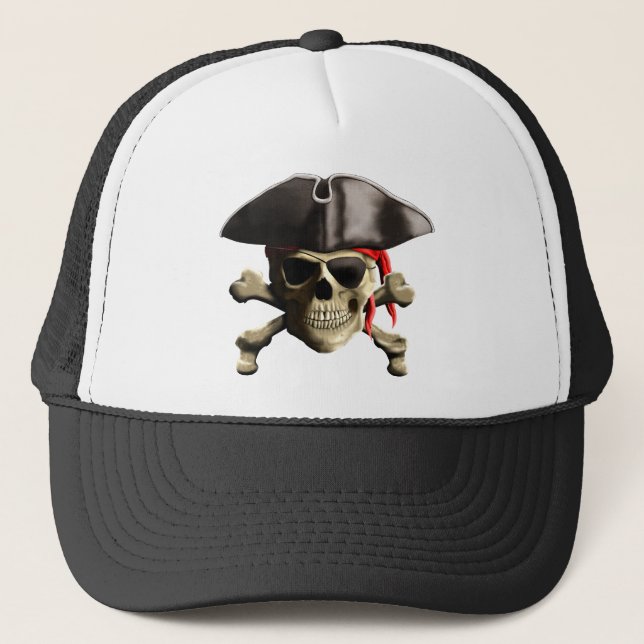 The Jolly Roger Pirate Skull Trucker Hat (Front)