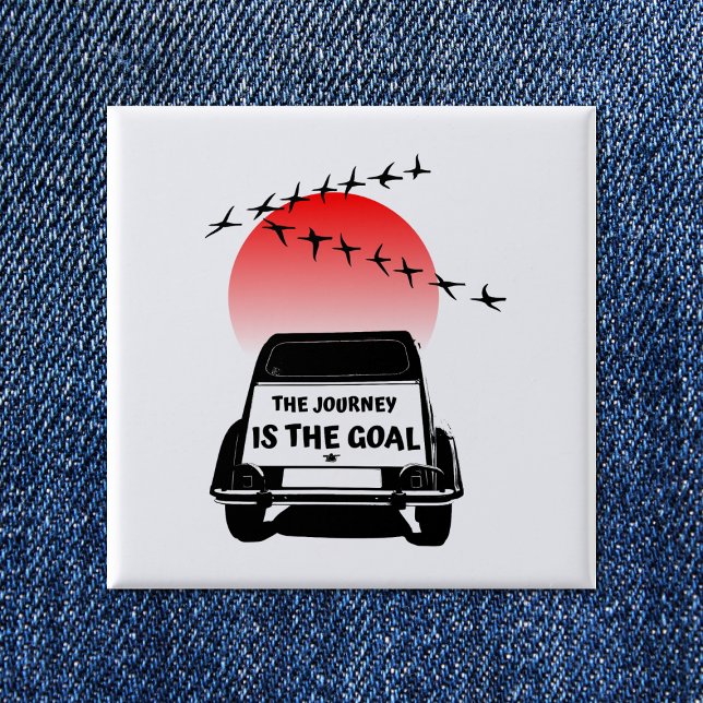 The journey is the goal Sunset - oldtimer 2CV 15 Cm Square Badge (2CV Button in White with a Red Sunset and Birds Illustration)