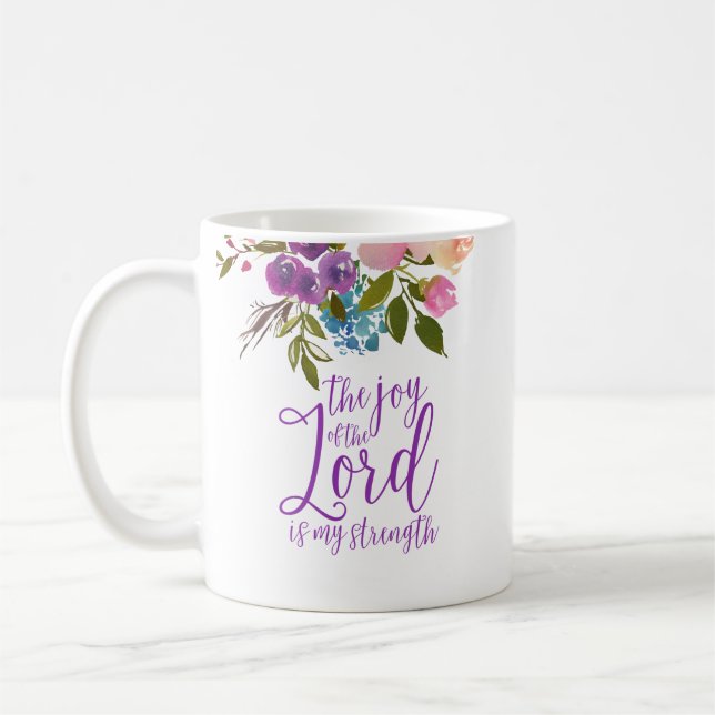 The Joy of the Lord Purple Floral Calligraphy Coffee Mug (Left)