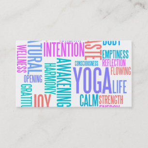 The Joy of Yoga Elegant Pastel Coloured Word Cloud Business Card