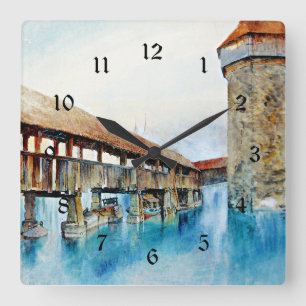 The Kapellbrucke, fine art painting,  Square Wall Clock