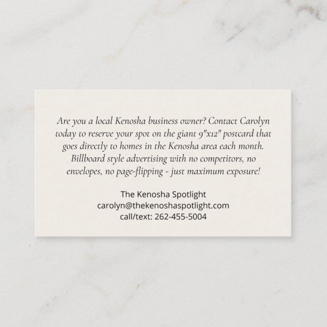 The Kenosha Spotlight Business Card (Back)