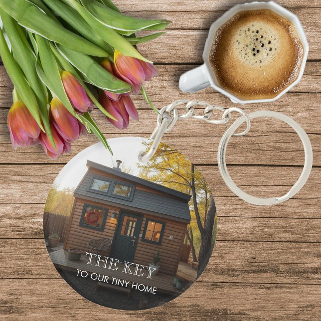 The key to our tiny home photo key ring (The key to our tiny home photo keychain. You can add your own text and photos to personalize.)