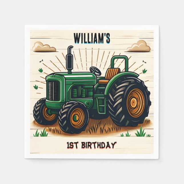 The kids retro boy cool tractor first 1st birthday napkin (Front)