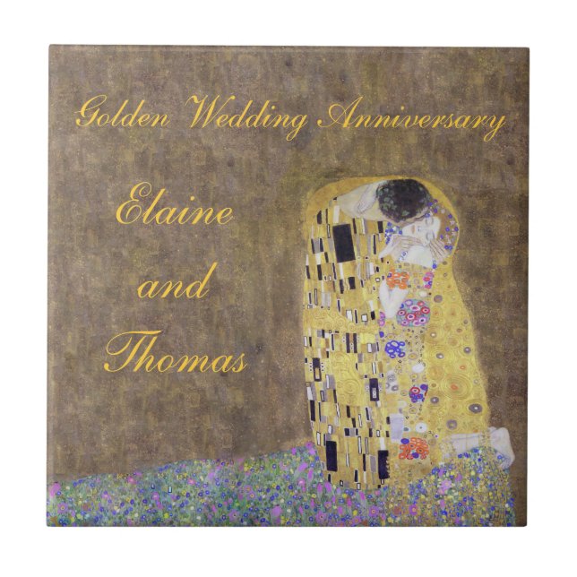 The Kiss Art Nouveau Golden Wedding Anniversary ti Tile (Front)