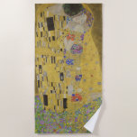 The Kiss, Art Nouveau Oil Painting, Gustav Klimt Beach Towel<br><div class="desc">oil on canvas 1907-1908 abstract Art Nouveau portrait depicting a romantic kiss between a man and a woman the man and woman are decorated with a geometric pattern of yellow black and white rectangles and psychedelic trippy swirls, and colorful polka dots respectively. the couple are kneeling on a bed of...</div>