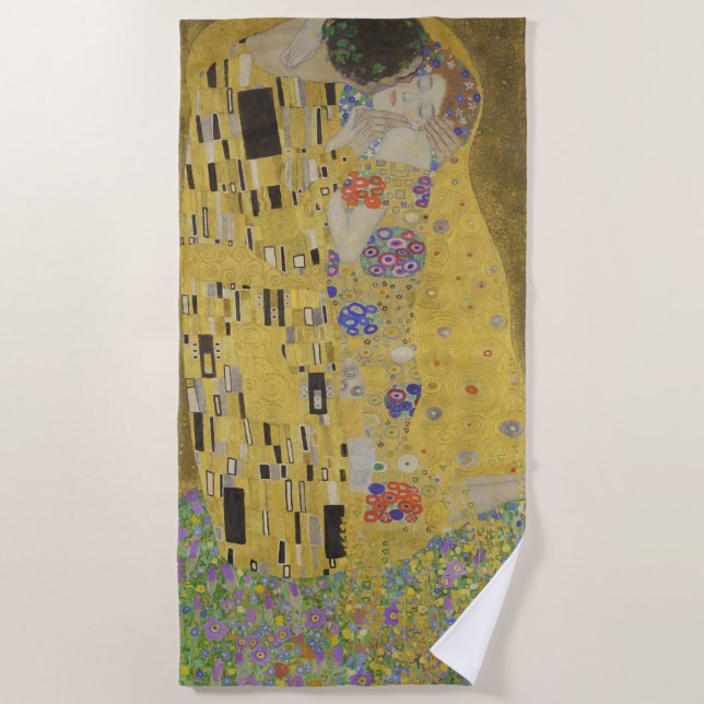 The Kiss, Art Nouveau Oil Painting, Gustav Klimt Beach Towel (Front)