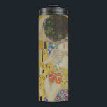 The Kiss, Art Nouveau Oil Painting, Gustav Klimt Thermal Tumbler<br><div class="desc">oil on canvas 1907-1908 abstract Art Nouveau portrait depicting a romantic kiss between a man and a woman the man and woman are decorated with a geometric pattern of yellow black and white rectangles and psychedelic trippy swirls, and colorful polka dots respectively. the couple are kneeling on a bed of...</div>