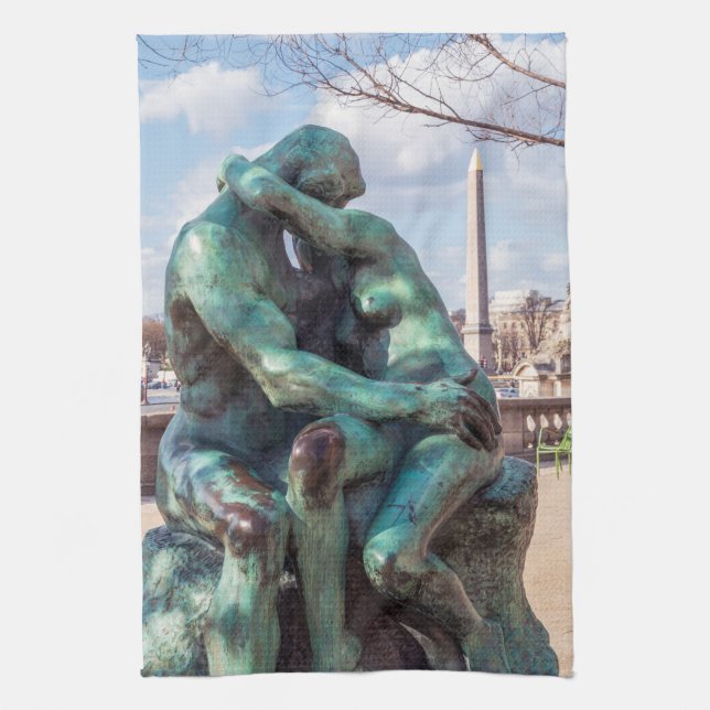 The Kiss by Auguste Rodin at the Tuileries, Paris Tea Towel (Vertical)